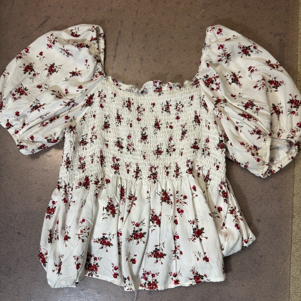 Ruffled White and Red Floral Blouse